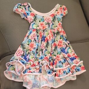Girls' Floral Ruffle Short Sleeve Dress - Pink & Blue